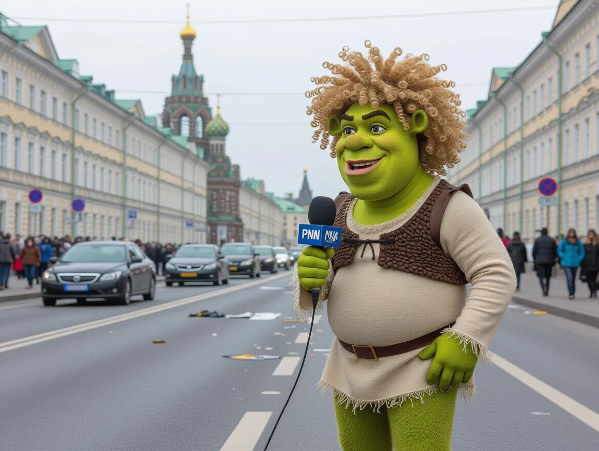 Shrek character with curly wavy blonde-afro hairs. Reporting for the news in St. Petersburg street location. Roads have dirty holes and various trash in the potholes. Text on the microphone reads ПNВДА.