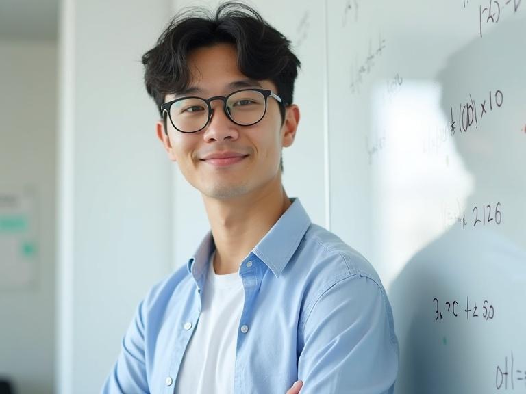 A young Korean-American male math tutor stands confidently in front of a whiteboard in a modern classroom. He has short wavy black hair and wears round glasses. Dressed in a light blue button-up shirt over a white T-shirt with a friendly and focused expression. He stands slightly off-center to the right under bright soft lighting. Clean minimal background enhances his appearance. Medium shot composition is professional and balanced.