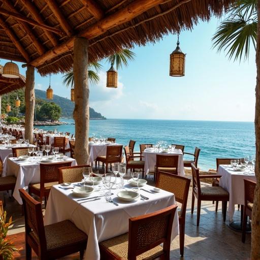 A restaurant with outdoor seating overlooking the sea. Tables set up for dining. Tropical plants and palm trees visible. Location featured is Kolachi.