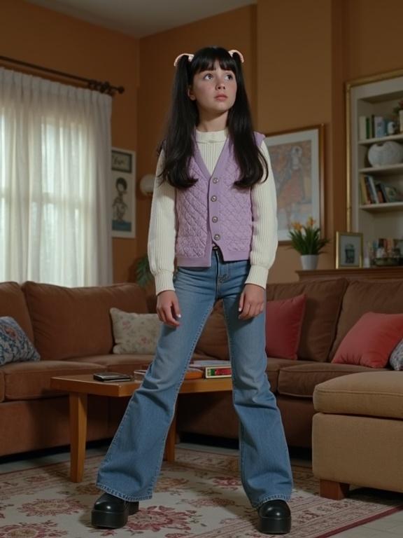 Screenshot from a 1970s movie. Retro living room with carpet. Tall teenage girl standing and looking left. Girl has black pigtails and freckles. Wearing white sweater and lilac patterned vest. Long flared bellbottom jeans. Black platform shoes.