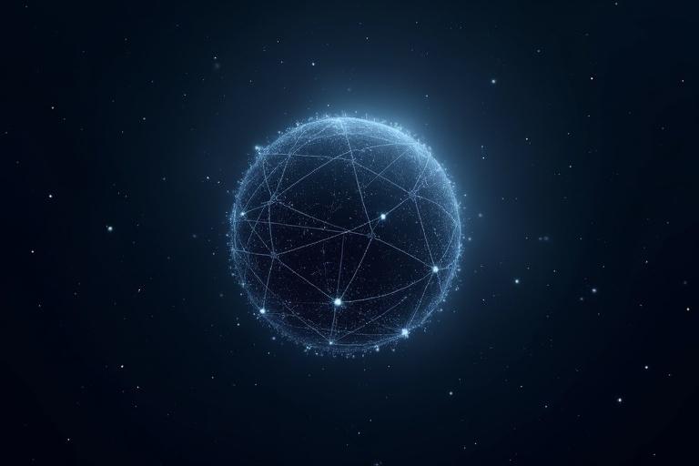 Sleek glowing sphere in a dark starry sky with faint glowing lines connecting across to represent decentralized networks.