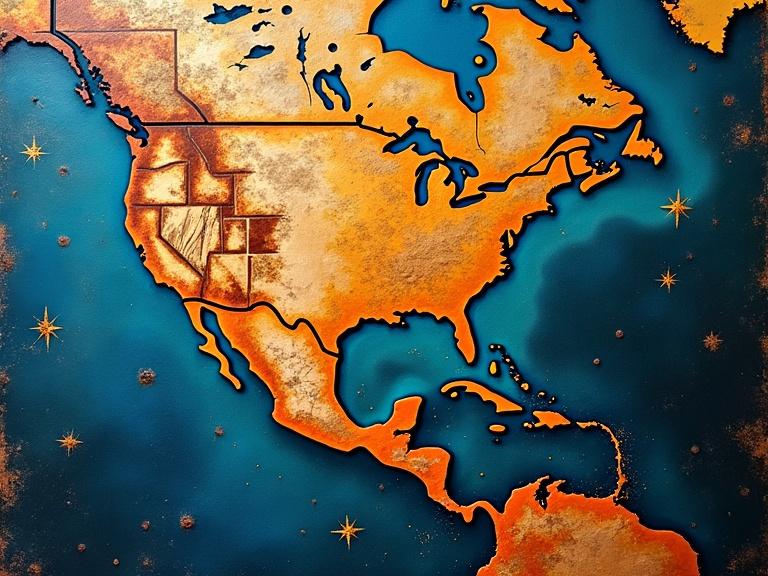 A detailed ancient map of North America with glowing outlines emphasizing shapes. The artwork uses mixed media techniques and includes various textures like wood, sand, and glitter. It displays a masterful play of light and layers, creating depth and a unique perspective of the continent.