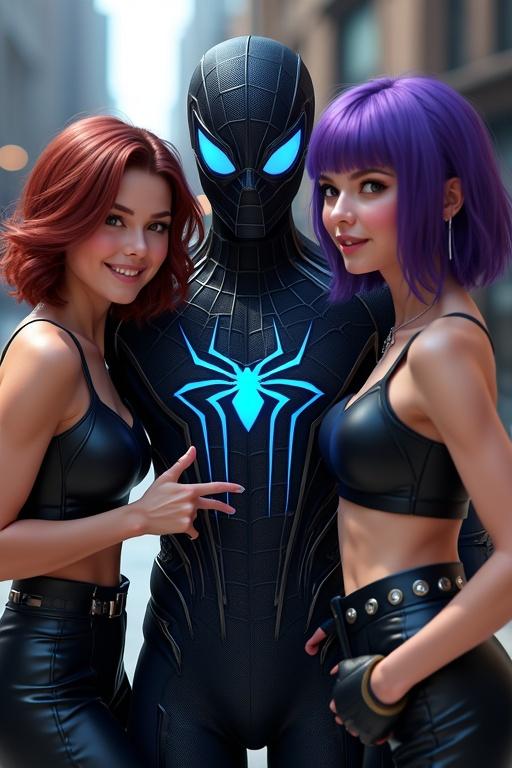Close-up portrait featuring stylized Spider-Man in a sleek suit. Two young women beside him, one with auburn hair and another with purple hair. Women wear casual outfits and display dynamic expressions. Dramatic lighting highlights details. Violet and black color palette creates a striking scene.
