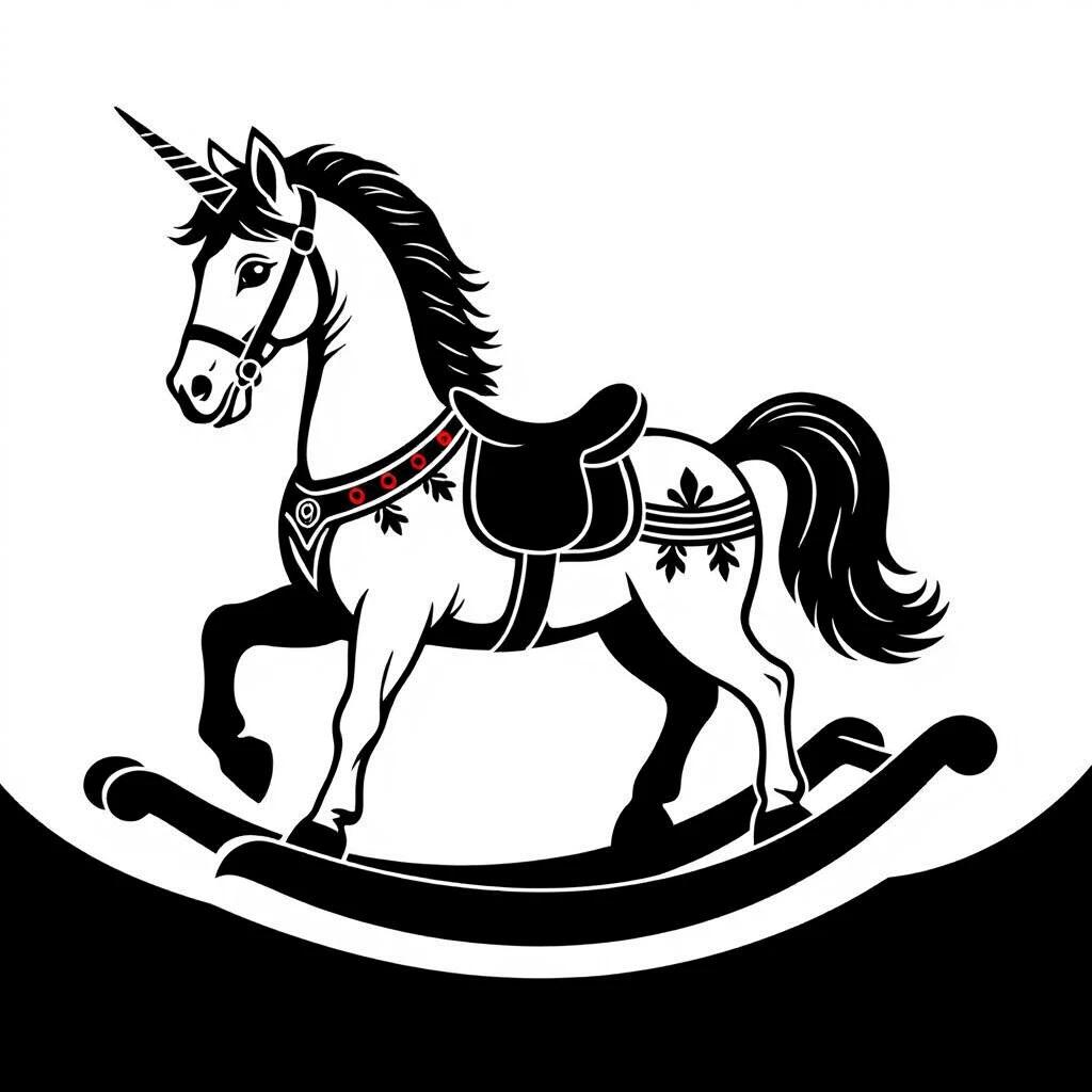 Stencil of a vintage rocking horse in monochrome vector art. Strong outline in black silhouette against a solid white background. Clean lines with high contrast suitable for laser cutting and design projects. Features solid black patches and a dissected appearance.