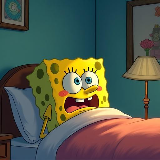 SpongeBob SquarePants sitting on bed with sad expression holding ripped sneaker. Narration about favorite shoe torn.