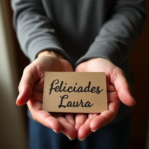 A person holding a card that says 'Felicidades Laura'. The setting is warm and inviting with soft lighting.