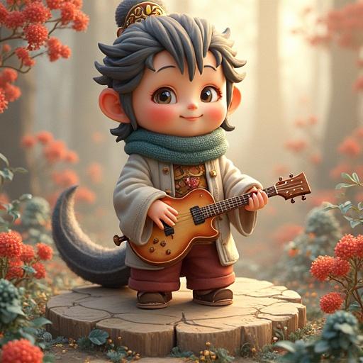 A cute chibi character playing a small guitar. Character has unique hair and attire, with a happy expression. Surrounded by vibrant flowers in a beautiful setting.