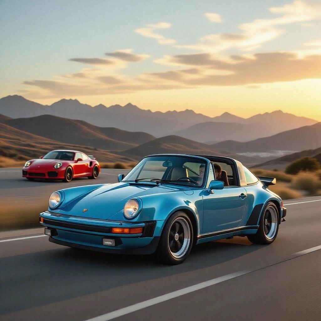 Porsche 911S Targa 1977 in blue on a country road goes fast. Red Porsche 911 Turbo S drives on a road surrounded by mountains at sunset. Car in focus showcases sleek design and powerful stance. Background features rolling hills and dramatic lighting emphasizing luxury and speed.