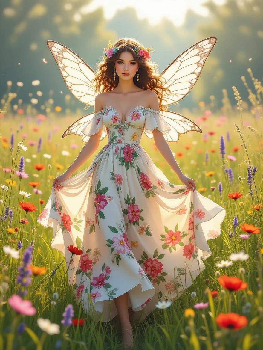 A whimsical fairy in a lush meadow wearing a flowing floral dress. Surrounded by vibrant wildflowers. Styled with intricate details and soft ethereal lighting.