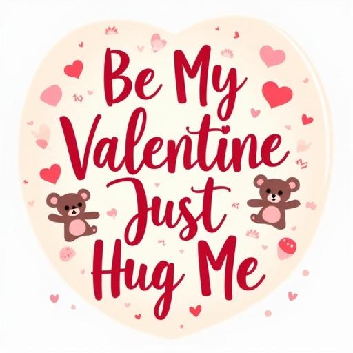 Celebrate love with a design featuring the phrase ‘Be My Valentine Just Hug Me’. The phrase is in a rounded font. A heart replaces the ‘O’ in ‘Hug’. The colors are soft pink, blush red, and creamy white. It has doodles of hugging teddy bears, hearts, and lovebirds. The design is cute and romantic, ideal for shirts.