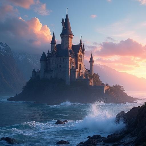 Fantasy castle perched on an island with mountains in the background. Bright sunrise illuminating the scene. Gentle ocean waves crashing against the shore. A blend of colors creates a cinematic feel.