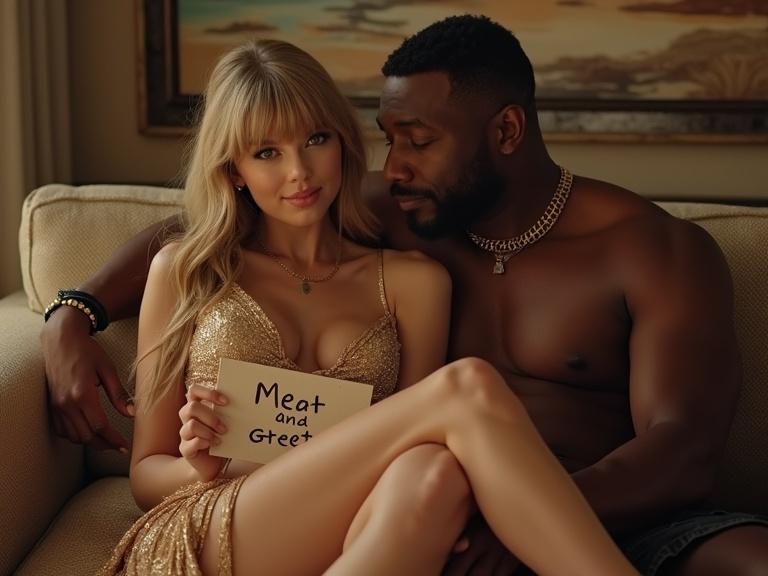 Close-up shot of a couple on a couch in a motel room. The woman has long blonde twintails and wears a gold fringe prom dress. She holds a sign that says 'Meat and Greet'. Her boyfriend is shirtless. The scene has warm lighting and creates a cozy environment.