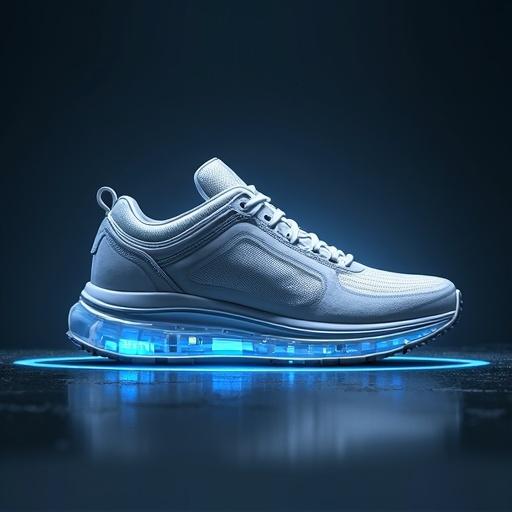 A photorealistic advertising picture of a shoe with a touch screen feature. The shoe has a sleek design with a transparent sole that lights up in blue.