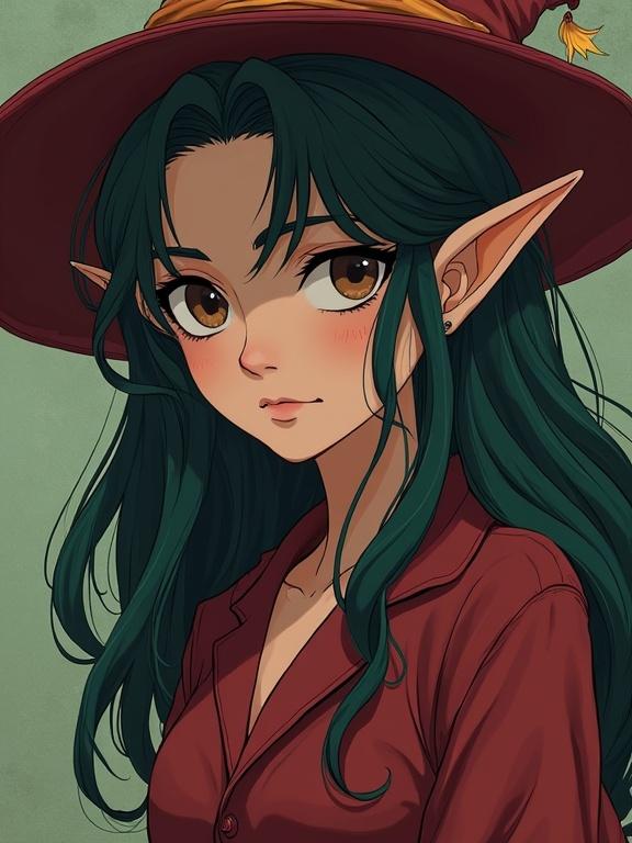 An elven woman with distinct physical features, in anime style. She has long, dark green hair, large brown eyes, and pointed ears. She wears a red shirt and a wide-brimmed red hat. The background is a muted green color.