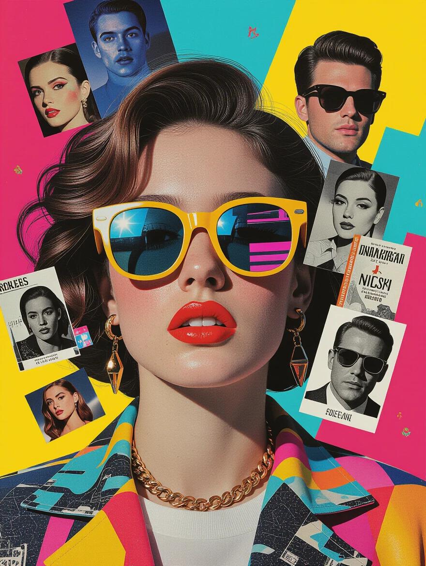 A vibrant collage filled with random objects and pop culture icons. Bright neon colors dominate the scene. A thick layer of glitch effects adds distortion to various elements. The visual composition is chaotic and psychedelic with no empty spaces. The artwork is created to capture attention and provoke interest.