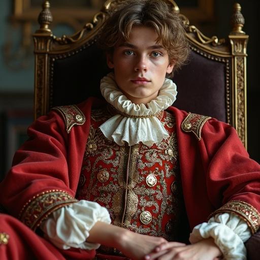 A young Early modern nobleman in expensive royal garments. Sitting on a throne, reclining with a relaxed posture. Messy light brown hair frames his face. Blue eyes gaze from an opulent setting. Captured in a realistic photographic style.
