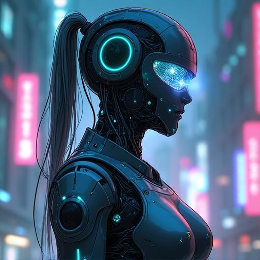 A futuristic female cyborg bounty hunter with sleek metallic armor and glowing cyan circuitry against a neon-lit cyberpunk cityscape at night. The figure features a high-tech visor with holographic data. The image has hyper-realistic details and anime influences, with dramatic backlighting.