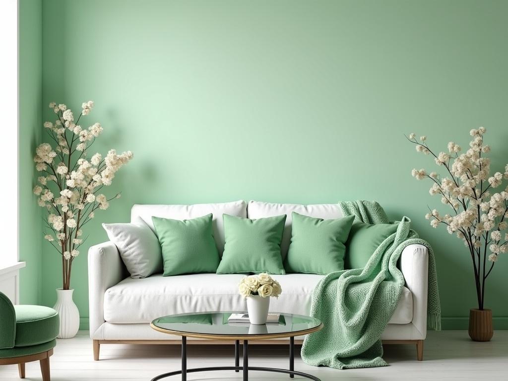 This image showcases a modern and cosy living room design. The walls are painted in a soft mint green, creating a serene atmosphere. There is a white, plush sofa adorned with multiple green cushions, adding comfort and style. A light green knitted throw is casually draped over one side of the sofa. To one side, a stylish green chair complements the decor. A round glass coffee table sits in front of the sofa, and beautiful white flowers in a sleek vase add a fresh touch to the space.