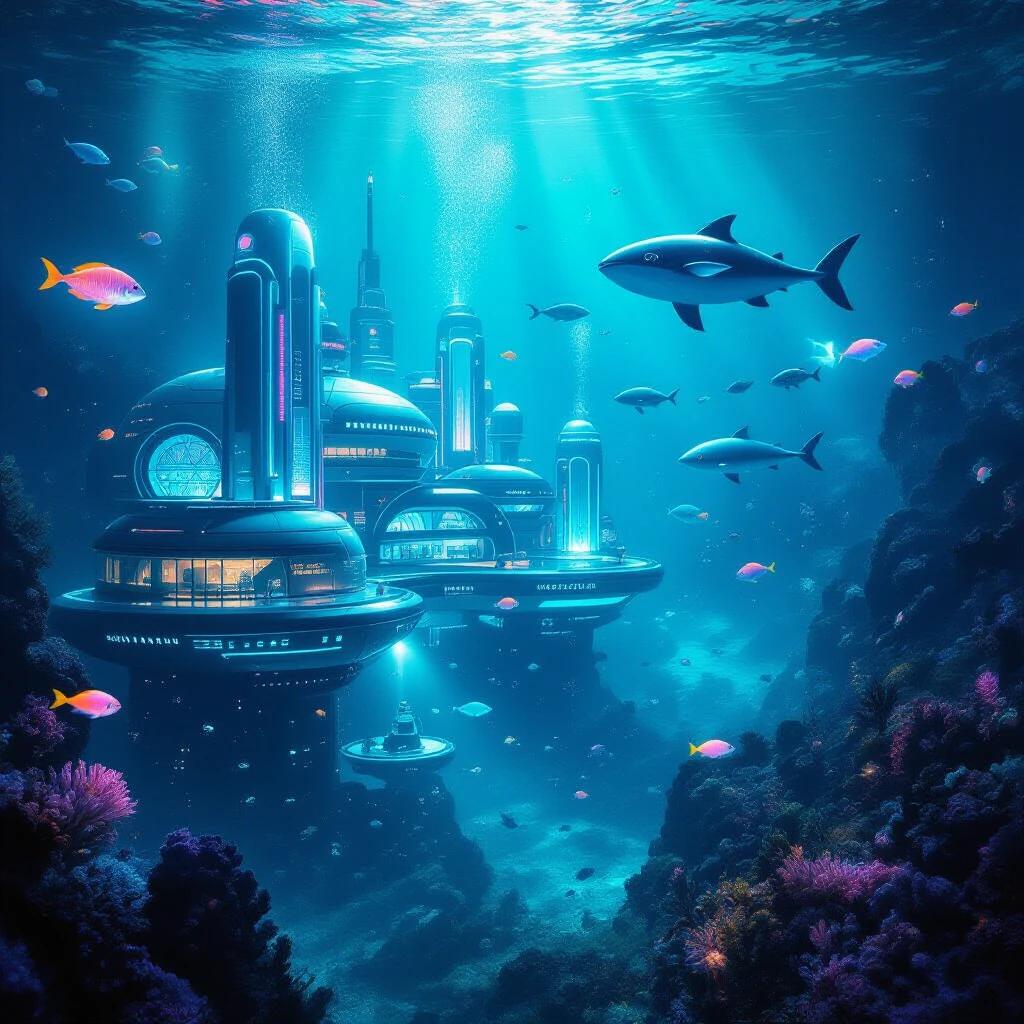 An underwater city with advanced technology. Bioluminescent organisms light up the surroundings. Futuristic marine life swims around. The scene captures beauty and technology beneath the ocean.