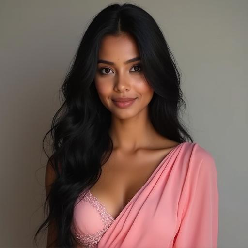 Young Indian woman with long black hair wearing soft pink bra. She has a fit body and fair skin with bright eyes. Create realistic image of her in pink saree. Body size is 32-28-32.