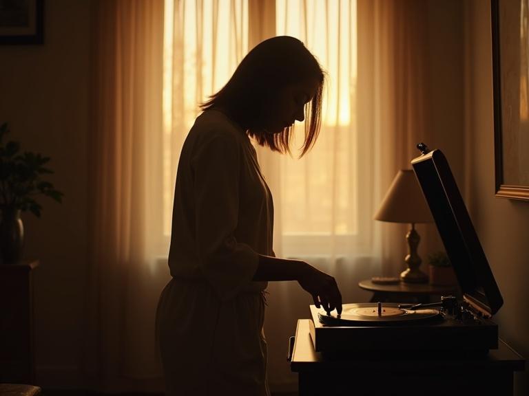 Full-length shot of a woman with straight hair in a softly lit apartment with morning light. Woman is lowering the needle on a spinning vinyl record. Curtains diffuse sunlight creating a serene atmosphere. The moment reflects a sense of ritual and nostalgia.