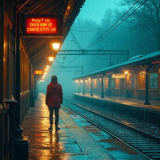 Post-impressionist watercolor painting depicting a rainy night at Boston railway station. The scene features a beautiful fairy standing alone on the platform under atmospheric rain. Rich colors and dynamic lighting create depth and texture in the artwork. High contrast and cool color grading enhance the scenery and feel of the painting.