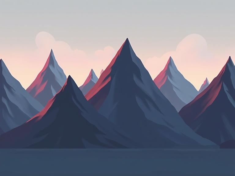 Seamless horizontal row of stylized 2D mountains with sharp peaks in bold colors and clean outlines. No texture or shading. Vibrant game art style with minimal backdrop. Mountains connected in a continuous line in a dark color palette featuring grays and muted tones. High contrast for a moody feel.
