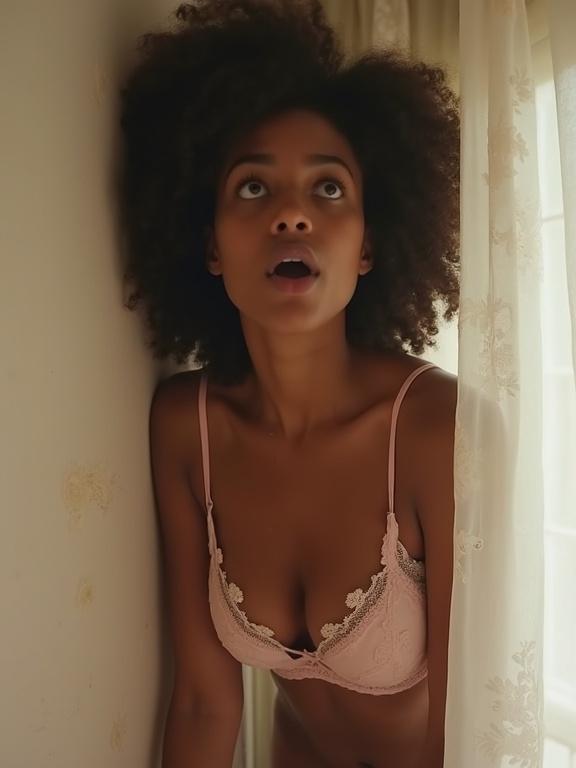 Photograph captures young woman surprised. She leans forward with right arm outstretched. Left arm bent fingers against wall. Expression is wide-eyed astonishment. Skin tone is black with natural hair. She wears light pink lace-trimmed bra. Bra has delicate floral patterns. Softly lit background creates warm atmosphere. Light-colored wall features subtle texture. White curtain partially obscures figure with semi-sheer quality. Light filters through casting gentle glow. Focus on woman's expression and soft tones of setting. Scene suggests vulnerability and emotion, taken indoors likely in private space.