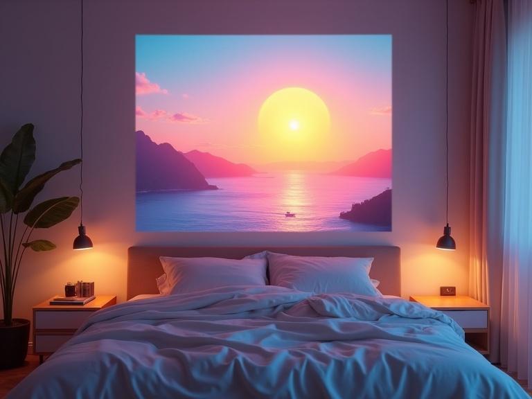 Holographic AI interface projects a sunrise simulation on a bedroom wall. Soft alarms create a peaceful waking environment. Cozy bedroom setting with warm lighting.