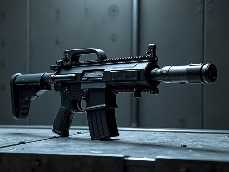 Futuristic military grenade launcher on a silver metal table. Black, bulky design with blue glowing cartridges. High detail textures and dramatic shadows in a dark grey room.