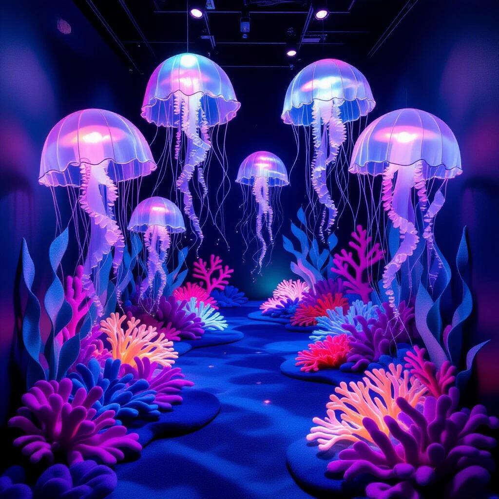 Scene showcases jellyfish in an underwater garden made from felt. Jellyfish glow ethereally with trailing tentacles. Coral formations in bright neon colors fill the garden floor. LED lights create a bioluminescent effect. Soft textured felt adds to the scene's dreamlike quality. Dark background with highlighted jellyfish and corals.