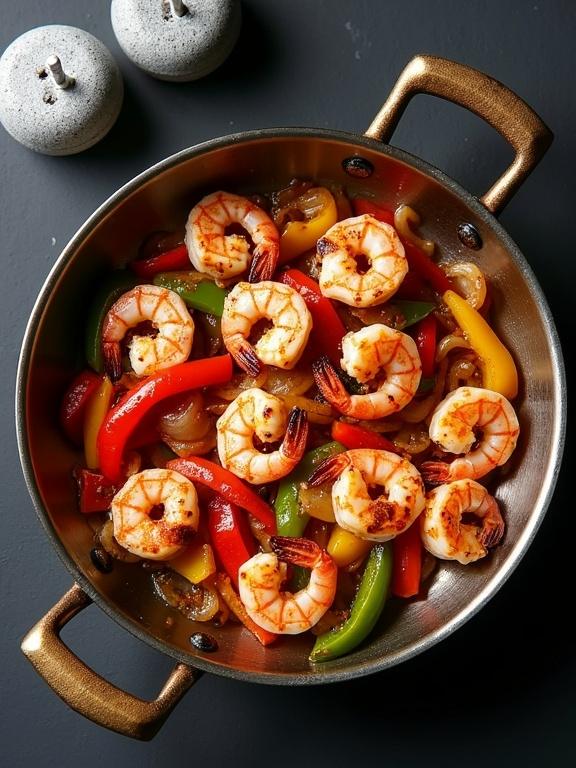 A top-down view of a rustic metal serving pan with bronze handles on a matte black background. Inside the pan is a mix of grilled shrimp, red, yellow, green bell peppers, and sautéed onions. Two gray stone salt and pepper shakers sit in the upper left frame.