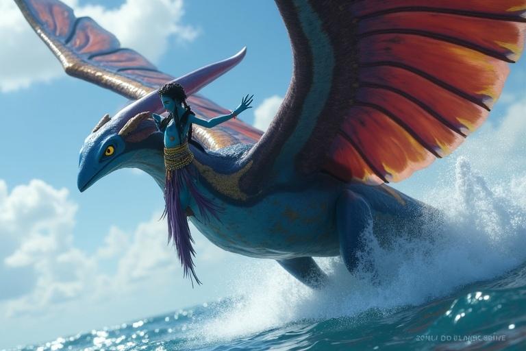 Kaari closes her eyes on a Toruk over the ocean. Whale songs echo as the Toruk glides. The scene captures a mystical connection between sky and sea. Kaari leans down, touching the mist. She has radiant blue skin and wears a beaded chest covering. The Toruk has vast wings in crimson and gold. Ocean light reflects off its skin. It's a moment of awe and spirituality.