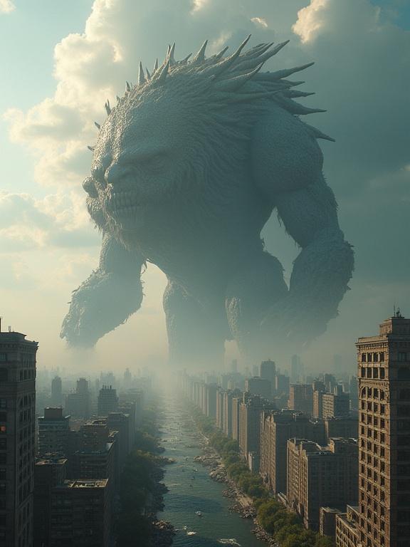 A giantess looms over a city skyline. The creature has spiked features and a muscular build. The city is modern with tall buildings and a river running through. Clouds scatter across a blue sky. The scene conveys a sense of scale and wonder.
