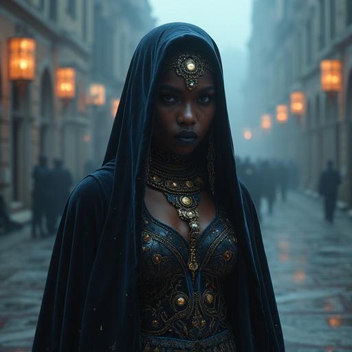 A West African sorceress with obsidian skin and sharp features. Eyes have smoky shadow and gold leaf. Lips are deep violet. Adorned in talisman jewelry including a serpentine choker and moonstone cuffs. Wearing a high-neck velvet cape with embroidery. Set in a foggy city square lit by lanterns.