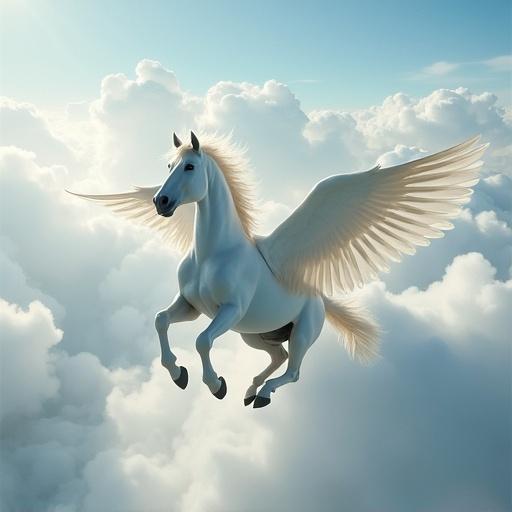 Pegasus, the mythical flying horse, soaring gracefully over fluffy white clouds in a serene sky. Winged creature depicted in a dreamy atmosphere.