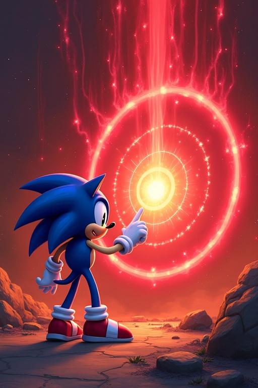 Sonic cartoon character touches an ancient red symbol. Energy pulses outward. Dramatic lighting and vibrant colors enhance the scene.