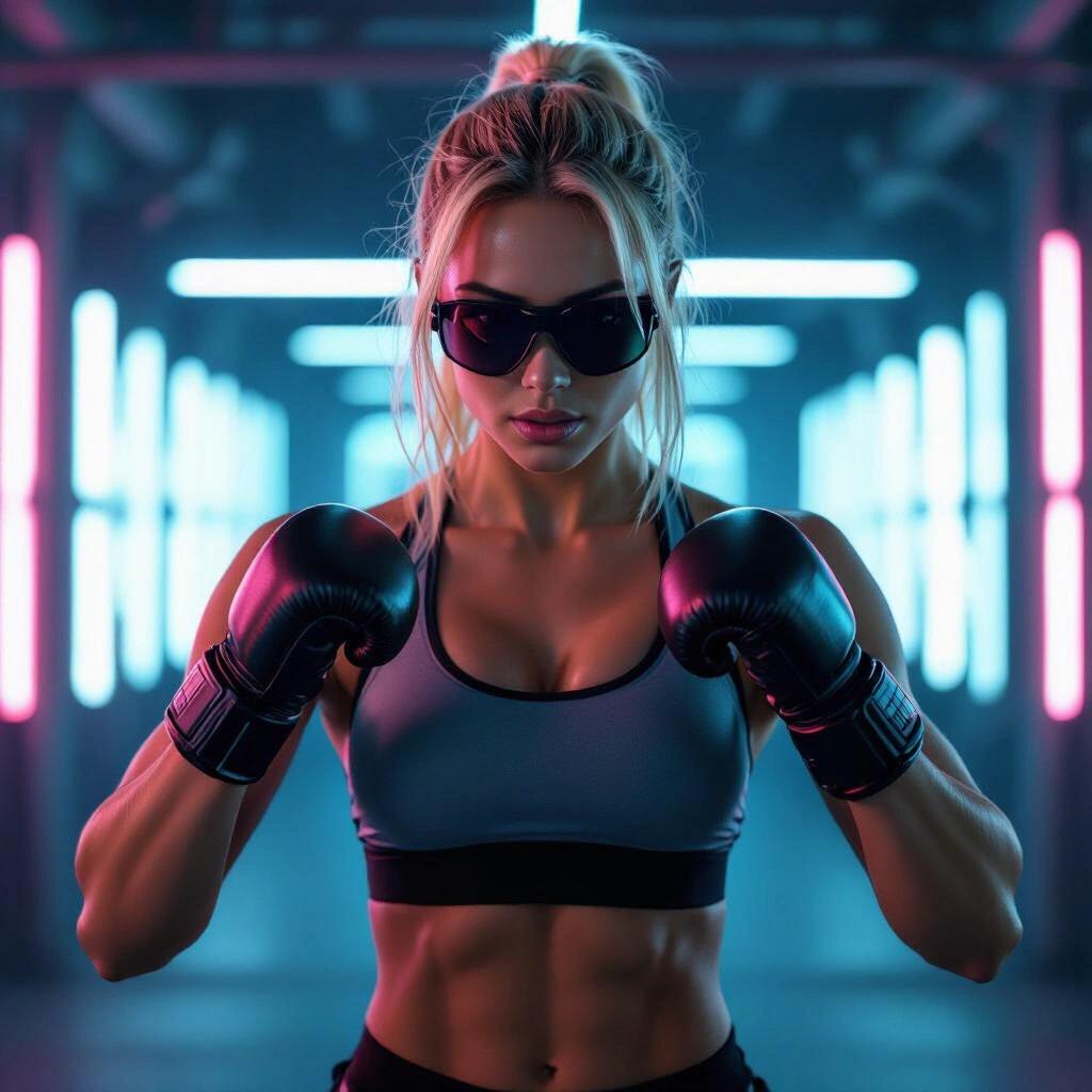 Muscular blonde female model in workout outfit flexing hands down. Small boxing gloves worn. Sunglasses on. Dark neon dungeon backdrop with dramatic lighting.
