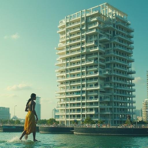 Ad for Deloitte India poster featuring a modern building and a person in a yellow dress standing in water