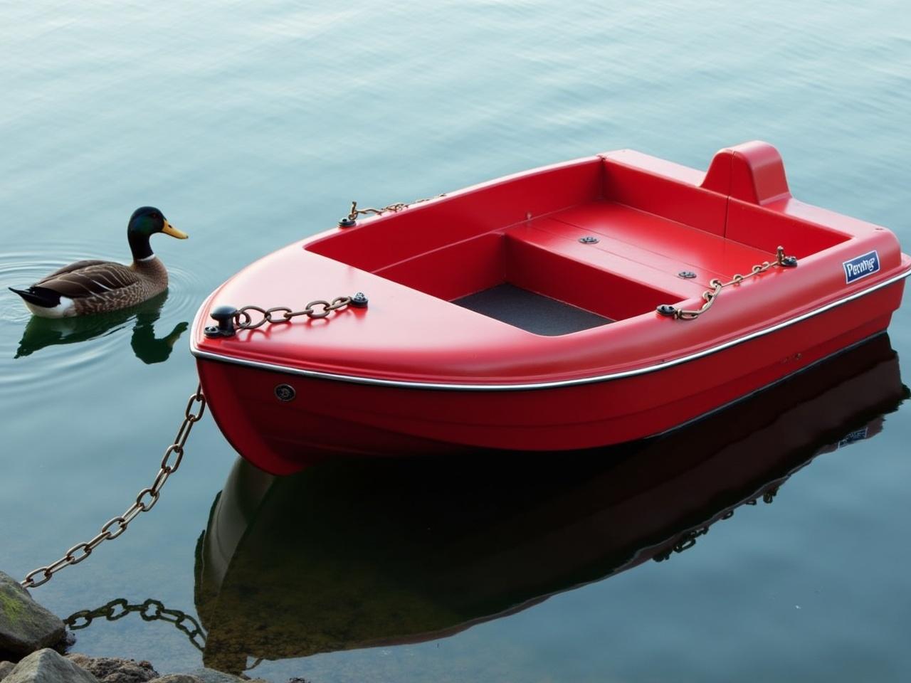 A small boat floats on calm water. The boat has a vibrant red Ferrari color. It features a sleek design and is anchored near the shore. A chain holds it in place, creating a sense of tranquility. Nearby, a duck swims gracefully, adding life to the serene scene. The water reflects the bright color of the boat, enhancing the overall beauty of the setting.