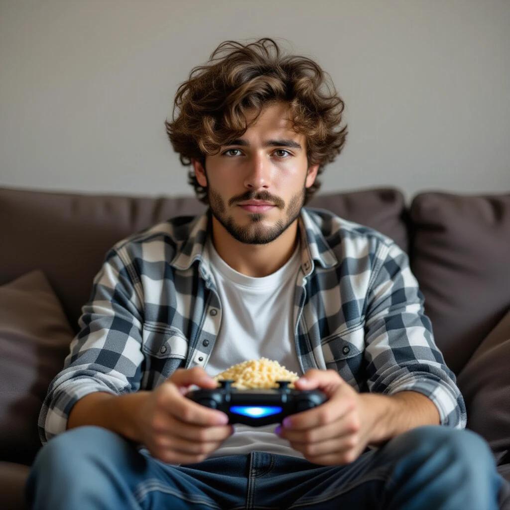 A casual person sits comfortably on a sofa wearing a plaid shirt and light jeans. Their relaxed attire suggests a laid-back gaming session. The individual is holding a video game controller. A bowl of noodles rests on their midsection, creating a cozy scene of home entertainment.