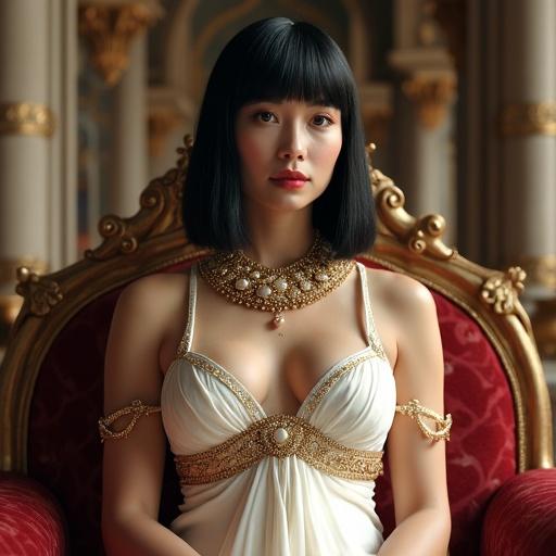 Portrait of a woman with elegant posture in a medieval royal palace. She has silky black hair and wears a Cleopatra-inspired gown. The throne room features ornate columns and stained glass. The lighting is realistic and the fabric textures are detailed.