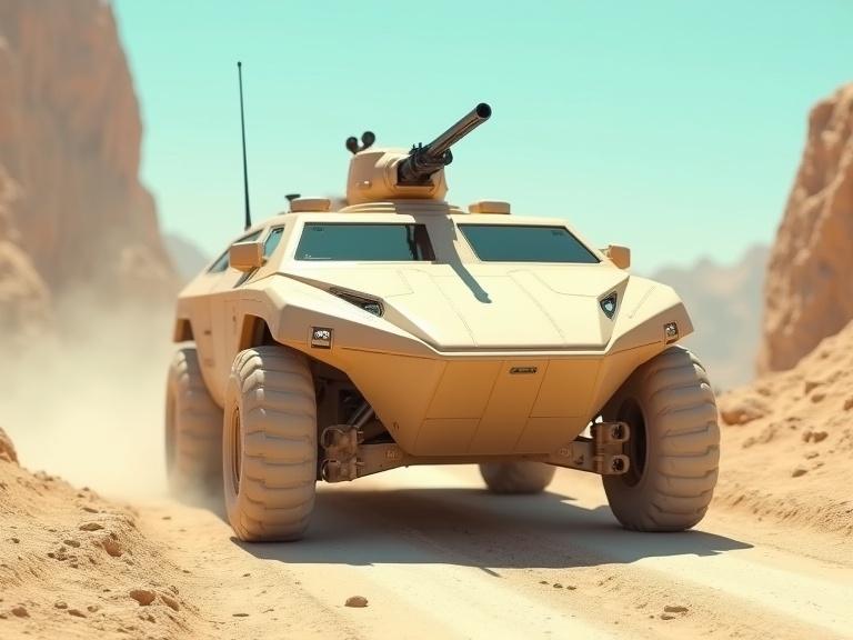 Create an image of a sleek APC vehicle in a desert landscape. The vehicle is beige and has a mounted gun. Dust clouds are present. The background features stone ruins and a blue sky. Aim for realism with heavy details and textures in a 4K resolution.