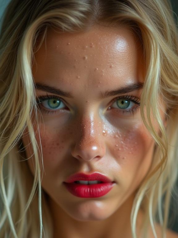 A blonde woman with wet skin and water droplets on her face. She has green eyes and bright red lips. The lighting is dramatic, highlighting her facial features. The background is soft focus. The expression is intense and fierce.