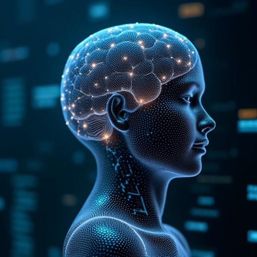 Profile of a human head depicting a brain with neural connections and digital elements. Background has a technological theme with data points.