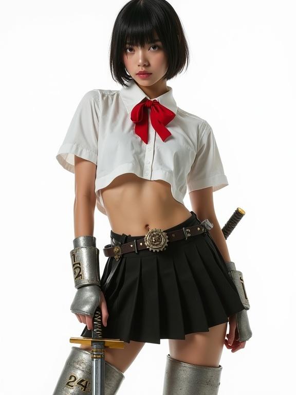 Young woman stands confidently in military cosplay outfit with short black hair. She wears a crumpled white shirt with a red bowtie and a black pleated skirt. Heavy silver armguards and metallic leg plates show numbers. Right hand holds a katana; left hand clenched at hip. Background is pure white. Soft lighting highlights textures and colors.