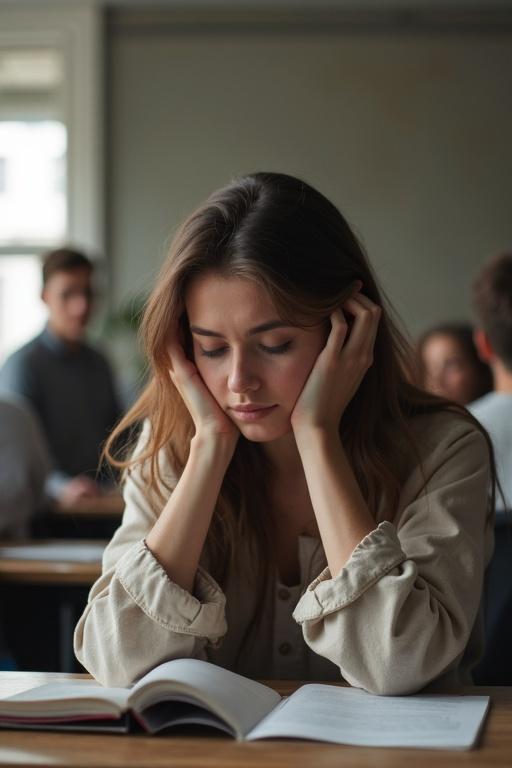 A woman sitting in a university with her head in her hands. She appears stressed while studying. Background features other students engaged in learning.