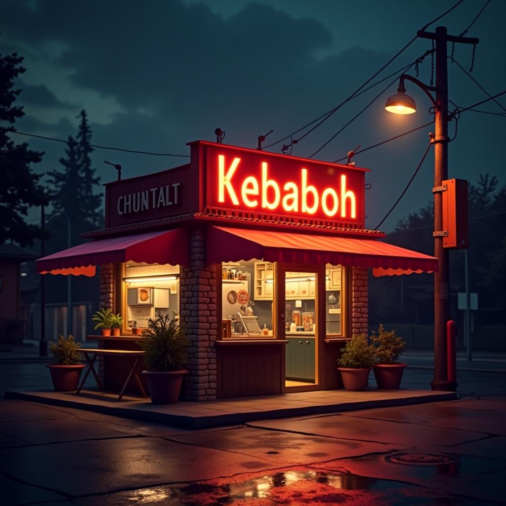 Image of a kebab saloon with bright neon lights and a searchlight. The setting is nighttime with soft ambient lighting accentuating the food establishment.