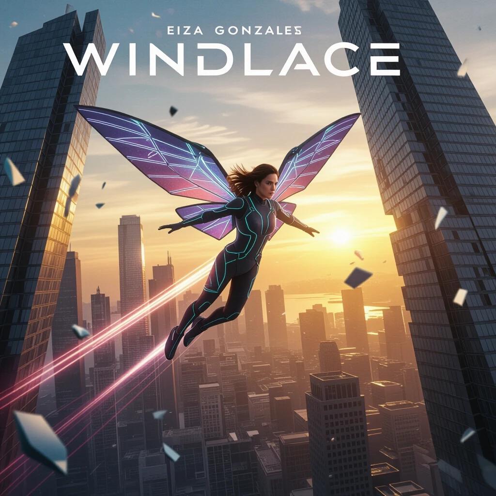Futuristic flight specialist. Soars through collapsing city. Uses next-gen wingsuit. Hyper-realistic movie poster. Dynamic motion. Skyscrapers around her. Shards of glass in the air. Golden sunrise light. Title in aerodynamic metallic font.