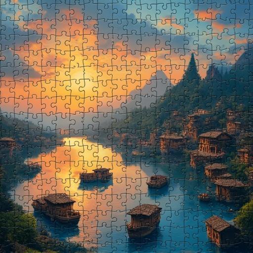 Puzzle of a serene landscape featuring a sunset over water. Reflections of buildings in tranquil surroundings with mountains in the background.